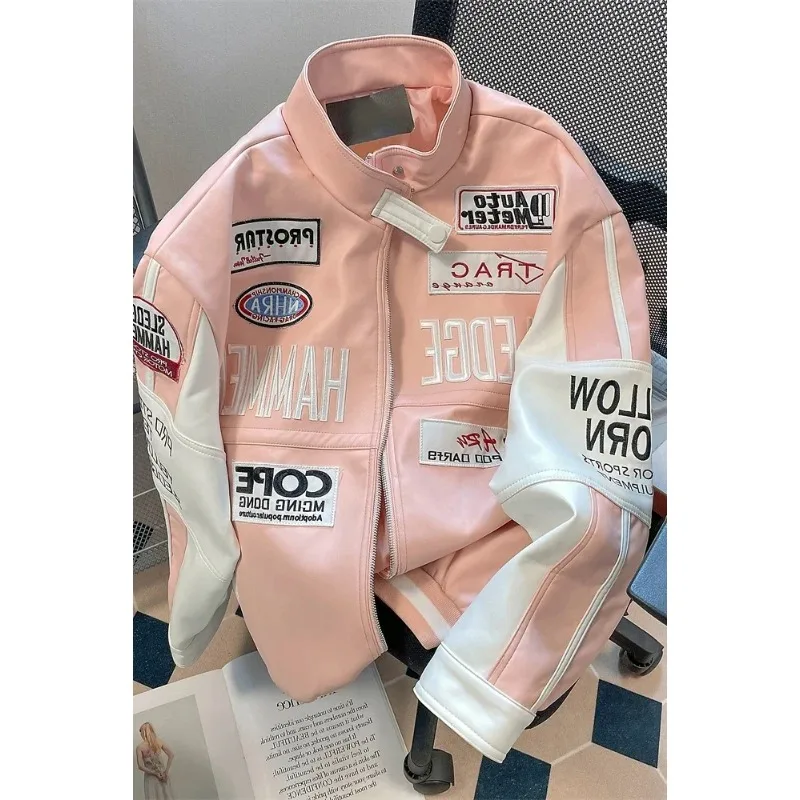 Trendige Hip-Hop-Motorradjacke für Damen, UP-Leder, Amerikanische Rosa Jacke, Y2K-Stickerei, Hochwertige Bestickte Winddichte Jacken