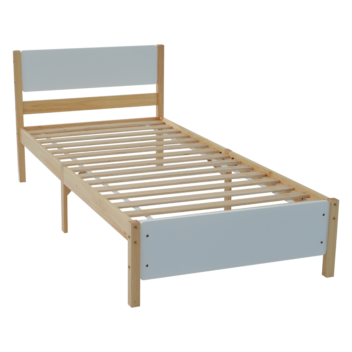OKWISH Einzelbett 90x200 aus Kiefernholz mit Mittelfuß, stabiles Holzbett mit Lattenrost, klassisches Bettgestell zweifarbig Weiß+Natur Image