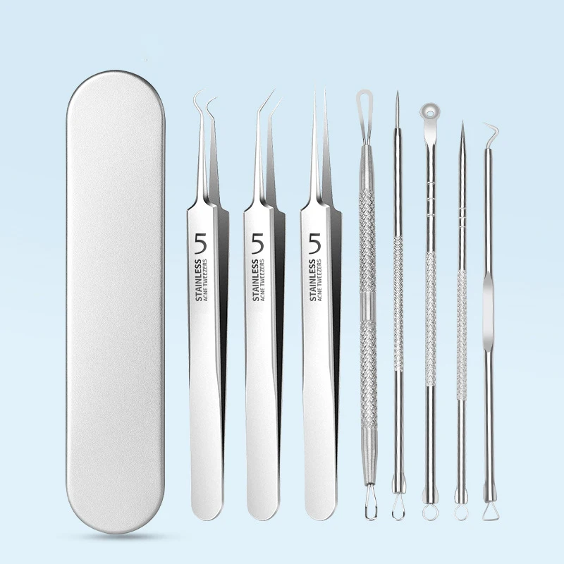 Pinzette e Strumenti per la Rimozione di Punti Neri, Acne, Brufoli e Comedoni, con Ago per Spremere e Clip per Punti Neri Alema, Set da 5 Estrattori per Sebo Nasale
