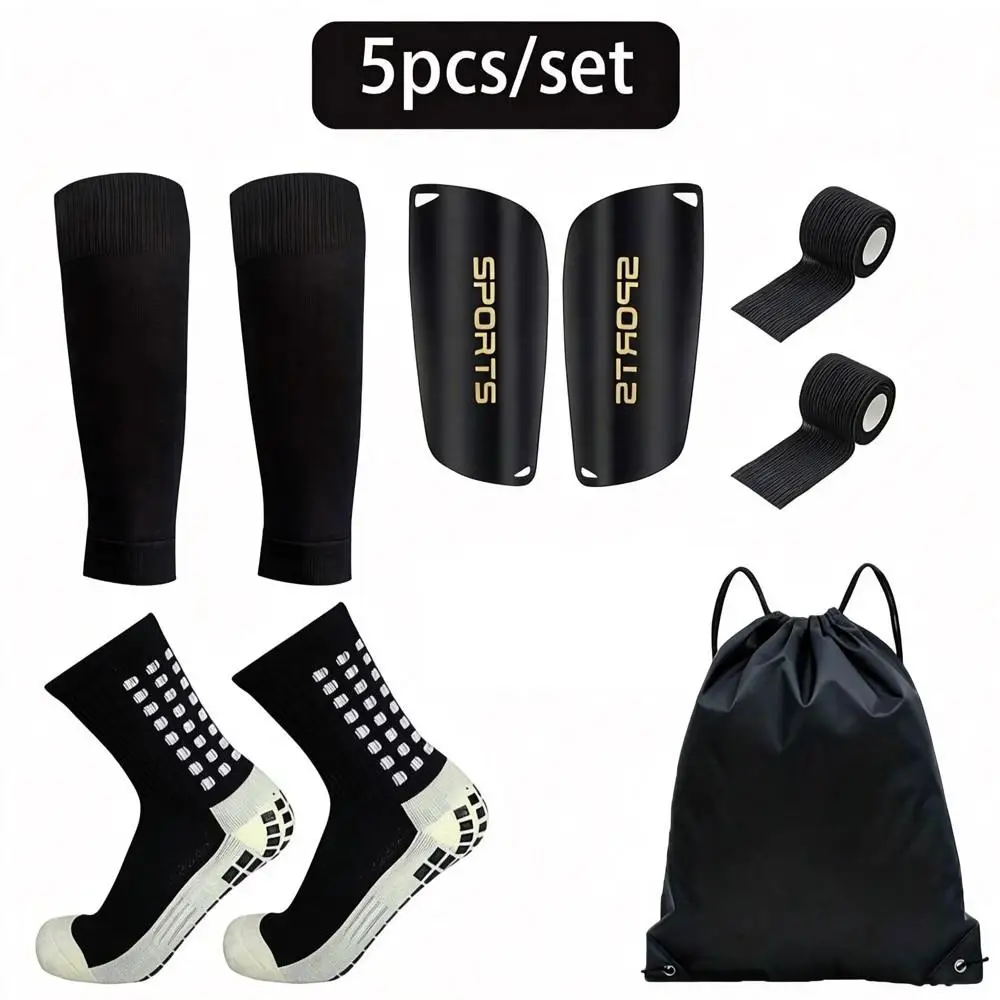 Lot de 5 pièces : Sac de football, Chaussettes de football antidérapantes pour adolescents et hommes, Couvre-tibias de football, Bandages et protège-tibias pour l