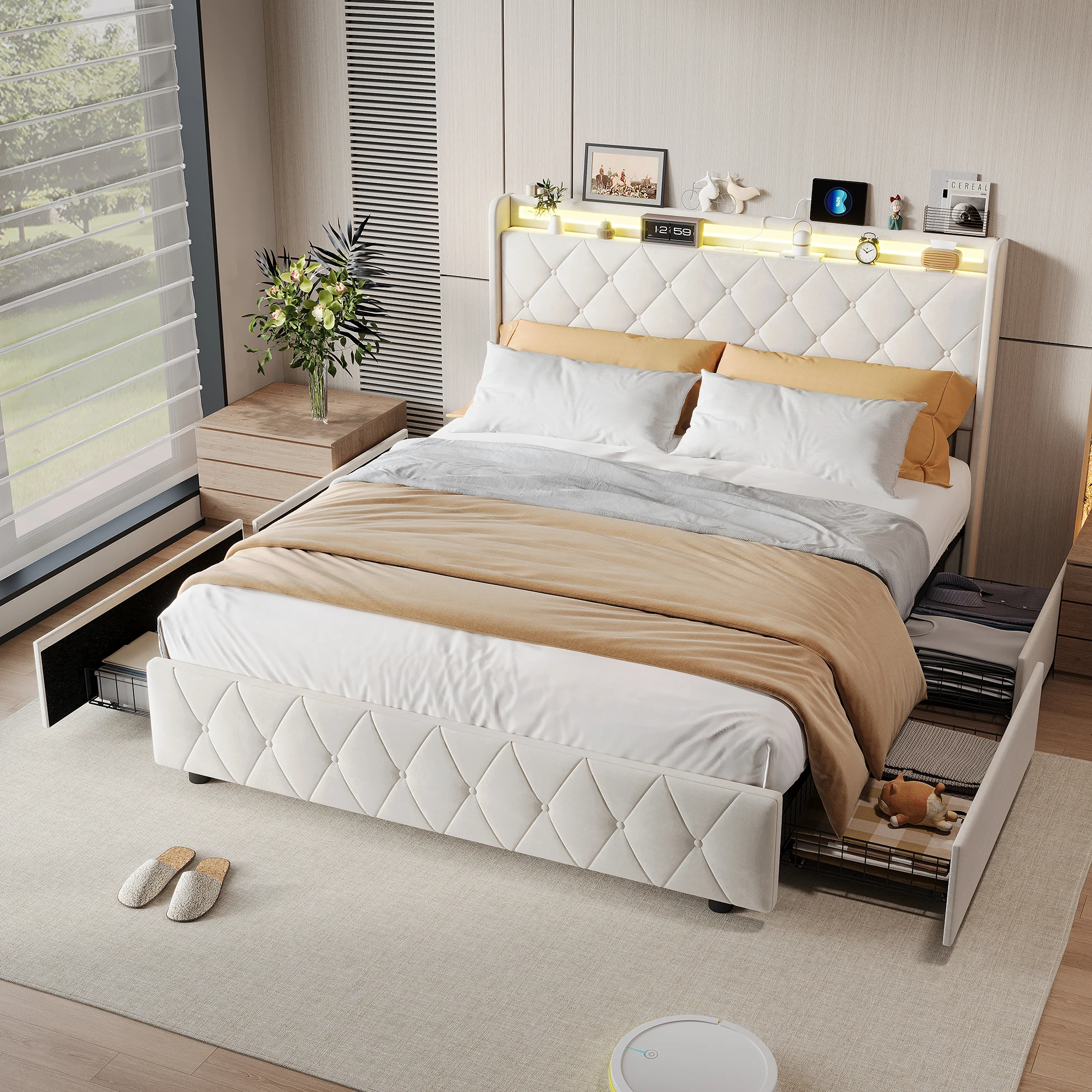 Rosahqnda Polsterbett 90/140/160 x 200 cm, Bett mit Stauraum und Schubladen, mit LED und USB, Kinderbett, kontinentales Bett, Flanell Image