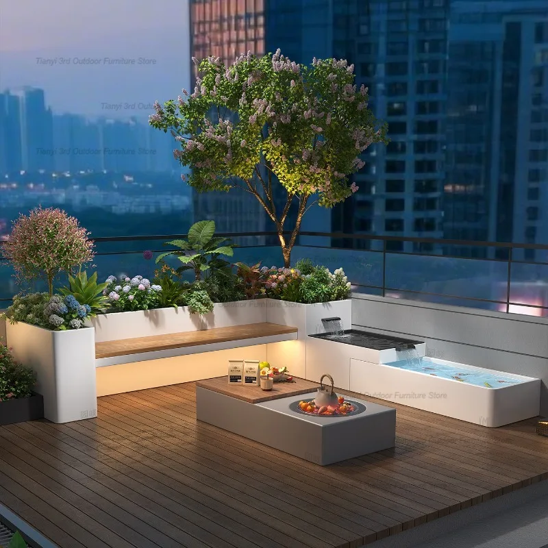 Nordische Kreative Edelstahl-Blumenkastenbank Moderne Hof- und Terrassenmöbel Fischteich-Beobachtungsdeck Außenmöbel FYSS Image