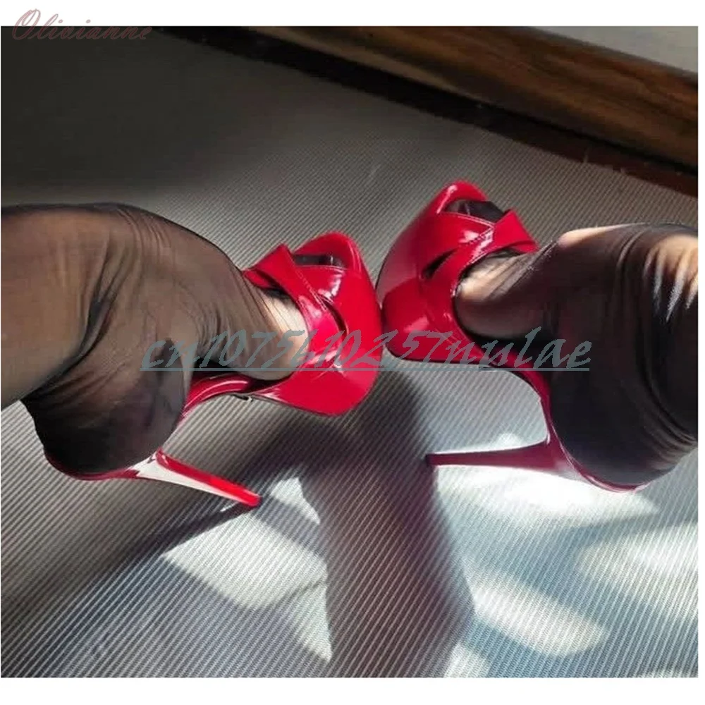 Große rote glänzende Leder-Hausschuhe mit Kreuzbindung, Plattform, hohl, Stiletto-Absatz, Party-Mode, Damenschuhe, 2026, Zapatos Para Mujere