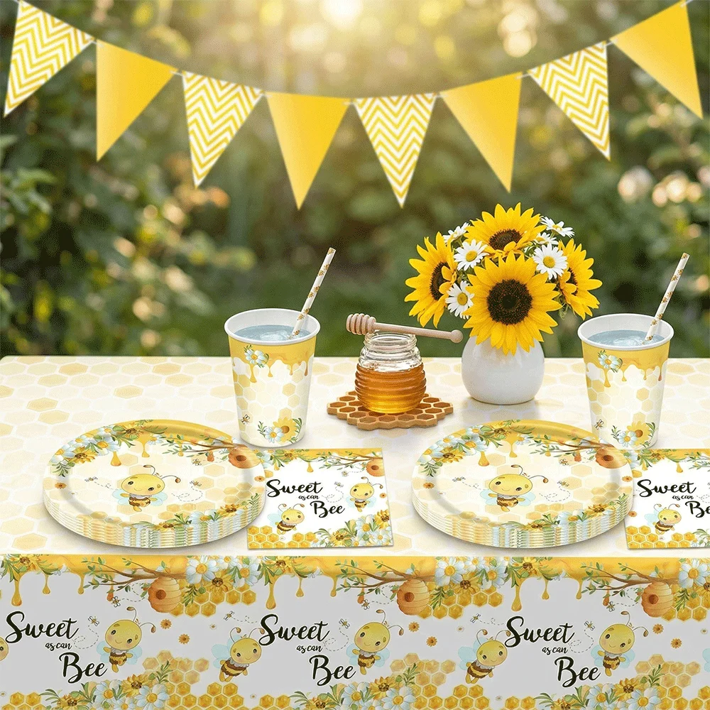 Bienen-Motto-Party-Zubehör: Süß wie ein Biene – Geschirr, Teller, Becher, Servietten, Banner, Tischdecke für den 1. Geburtstag und Babyparty-Dekoration Image