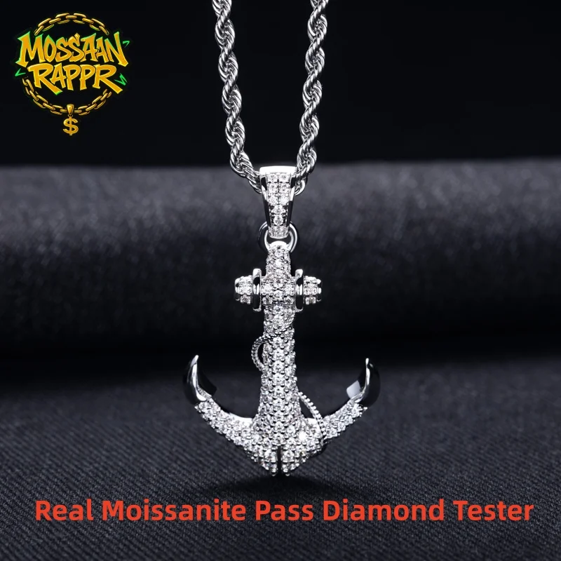 MossanRappr 2,28 Karat Moissanit Iced Out Anker-Anhänger 14K Vergoldete Hip-Hop-Halskette für Männer & Frauen Glänzendes Party-Accessoire