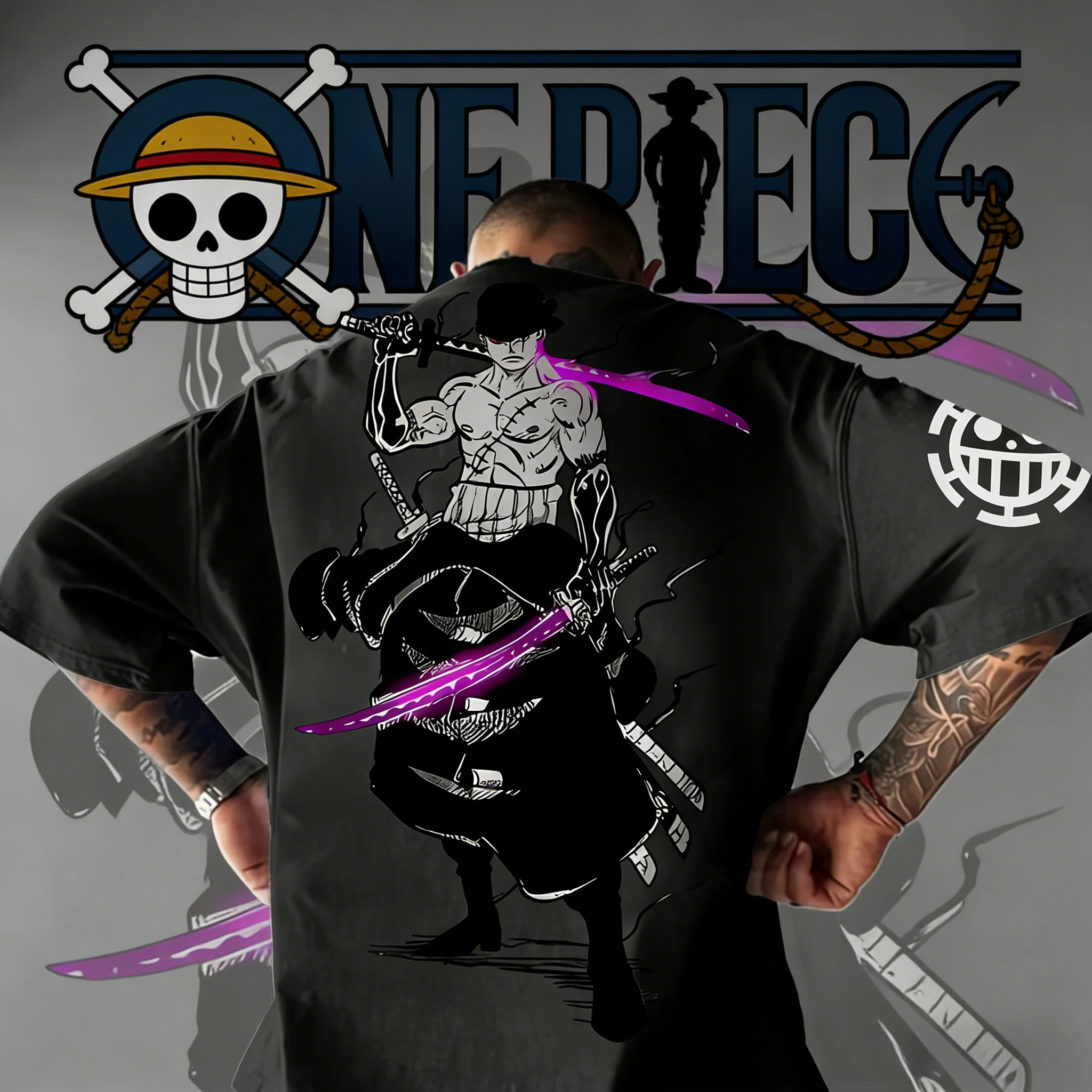 2026 Sommer One Piece Roronoa Zoro Baumwoll-T-Shirt Vintage Lila Schwert-Print Kurzarm für Herren Damen Jugendliche Anime-Fans