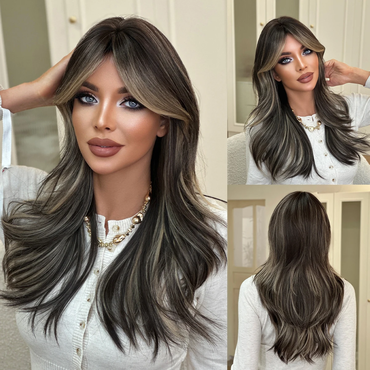 NAMM Highlight Weiße Perücke Body Wave Synthetische Braune Perücke für Frauen Täglicher Party-Gebrauch Highlight Weiße Wellige Perücken mit Flauschigem Pony Image