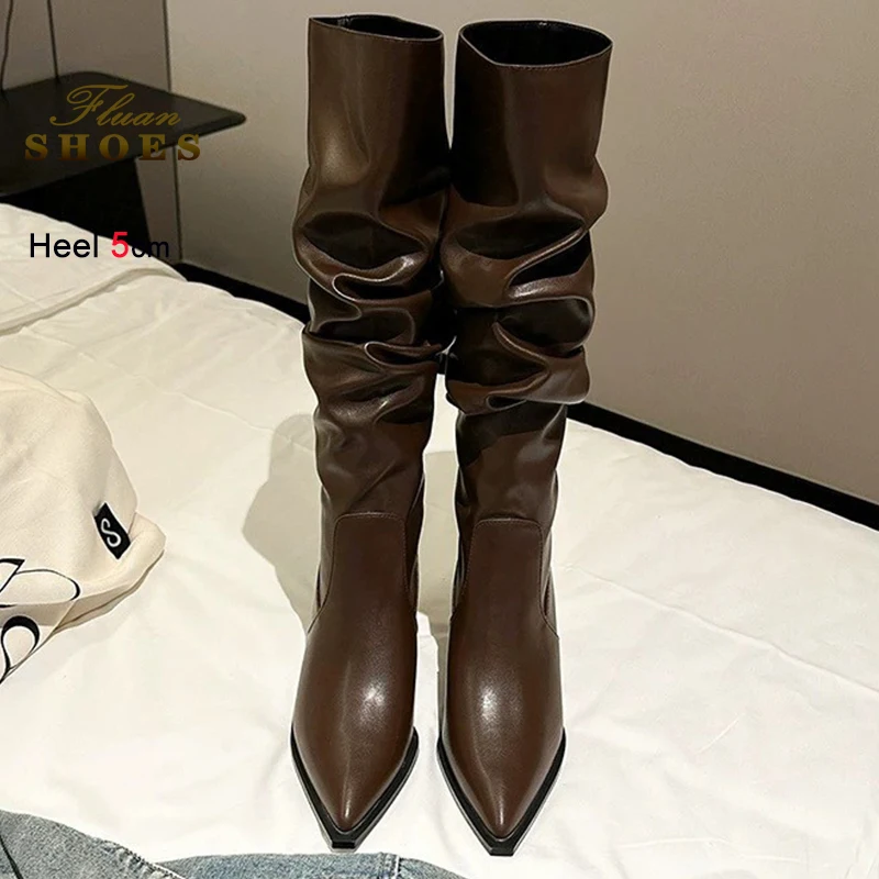 2025 herbst Winter Retro Dunkelbraun frauen Ritter Stiefel Dünne High Heels 5 cm Knielangen Stiefel Runde Kopf damen Schuhe Größe 40