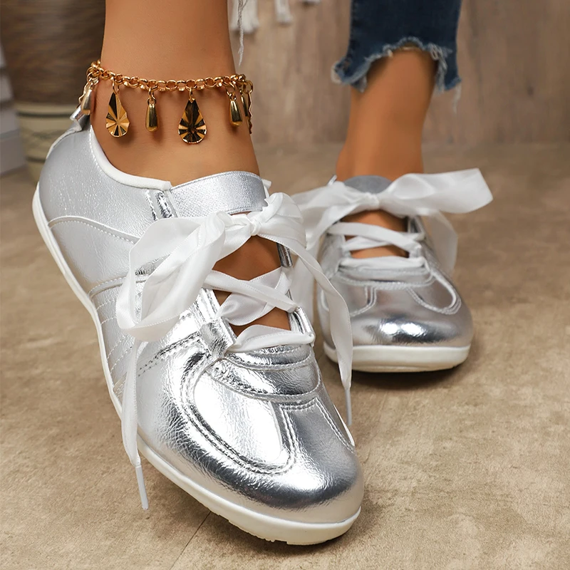 Mode Gold Silber Damen Flache Turnschuhe Leichte Weiche Sohle Freizeitschuhe Frau Bequeme Rutschfeste Flache Schuhe Plus Größe 43