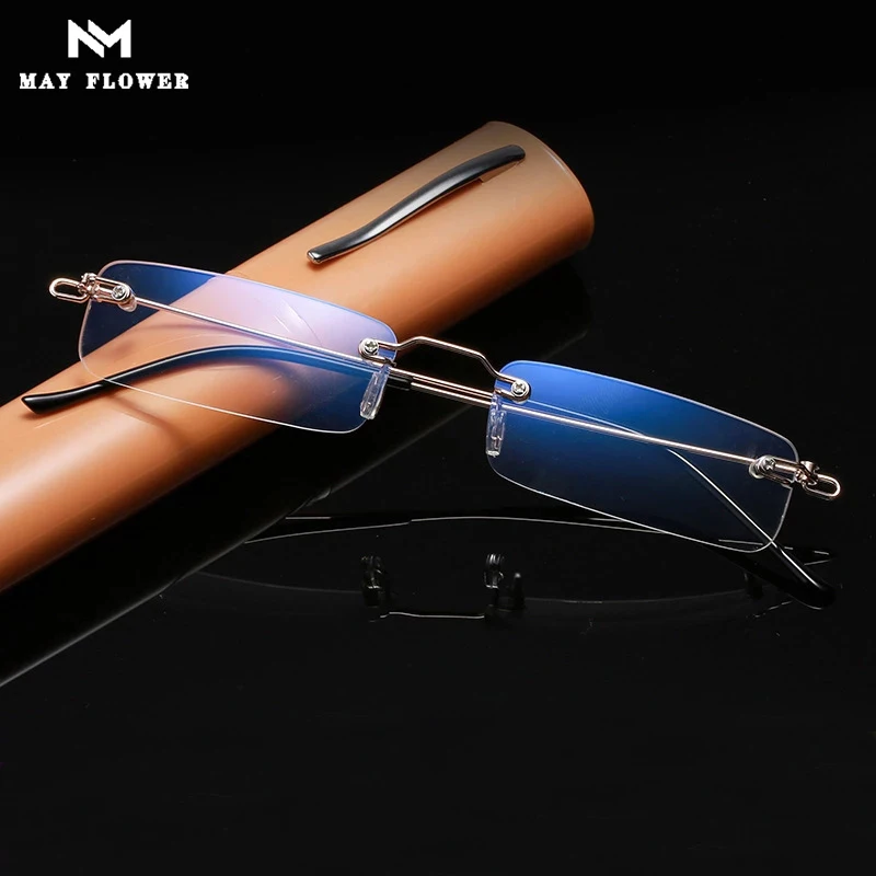 May Flower Anti-Blau Randlose Lesebrille Quadratische Metall Presbyopie Brillen Mit Fall Brillen Herren Brille Für Sight Plus + 4 Image