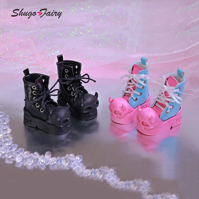 Halloween bjd schuhe für 1/4 minifee active line bjd puppe hohe stiefel schwarz rosa horn skelett schuhe für bjd zubehör WX4-318