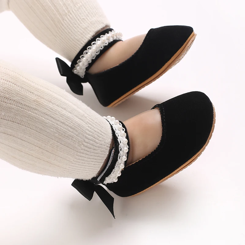 Babyschuhe mit Schleife, Gummisohle, rutschfest, aus Samtstoff, Ballettschuhe, Kleiderschuhe für Babys, Lauflernschuhe für Kleinkinder, Krabbelschuhe