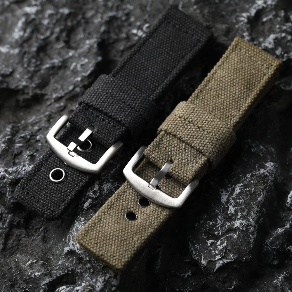 Doppeltes Canvas-verdicktes Armband 20 22 24 mm Schwarz Grün Vintage Wasserdicht Herrenuhr Armband Verschleißfestes Denim-Armband