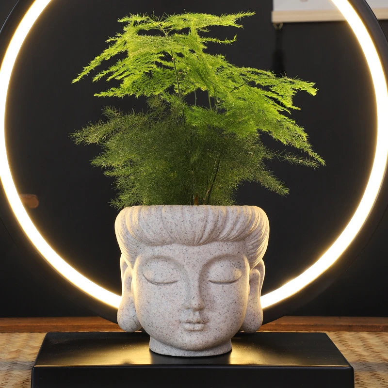 Neuer Kreativer Buddha-Kopf Zen-Blumentopf mit Steinoptik für Innenräume, Landschaftsgestaltung und Grünpflanzen, Dekorative Keramik für Zuhause Image