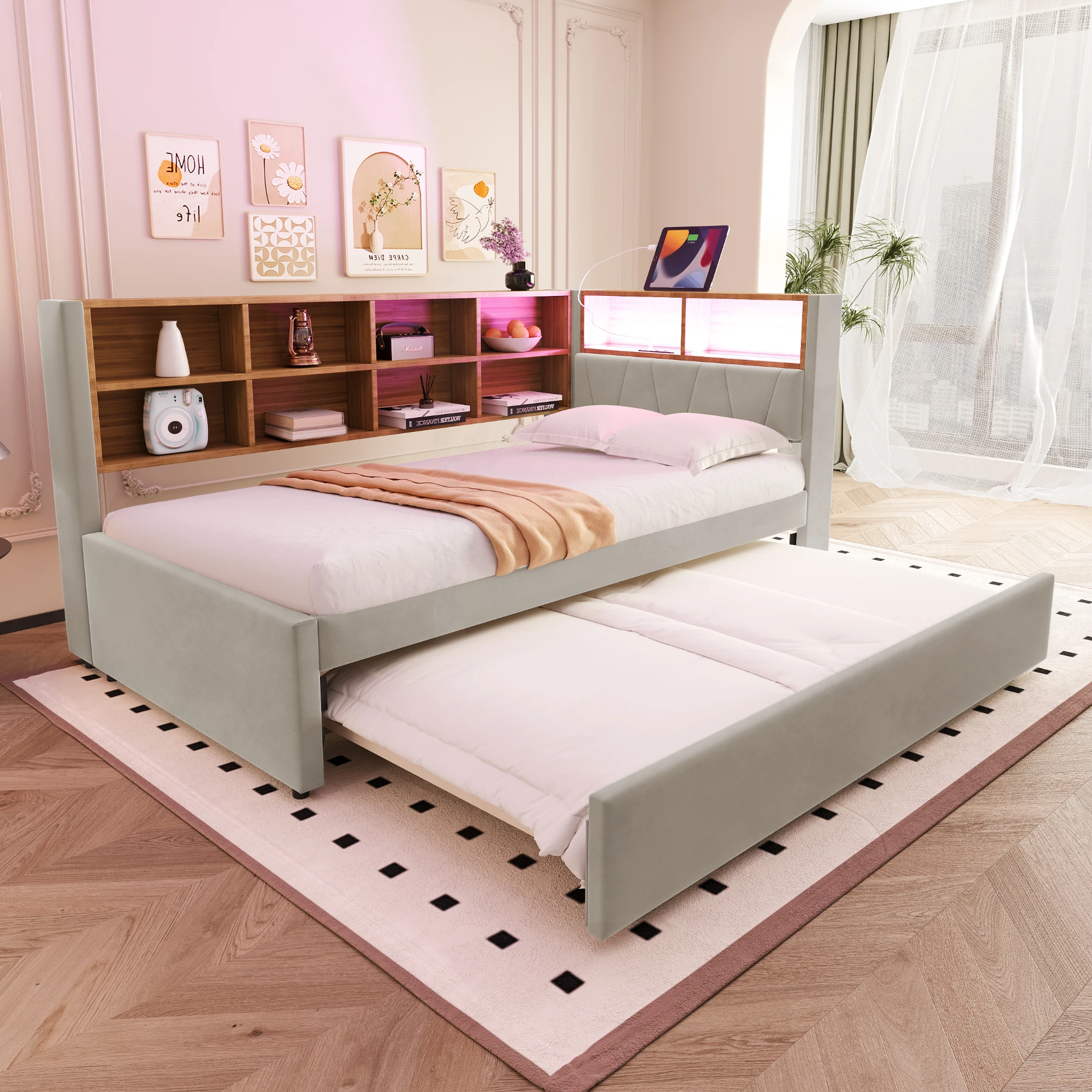 Rosahqnda Schlafsofa 140*200, ausgestattet mit LED-Leuchten, Steckdosen und vielen Ablagefächern, multifunktionales Schlafsofa.