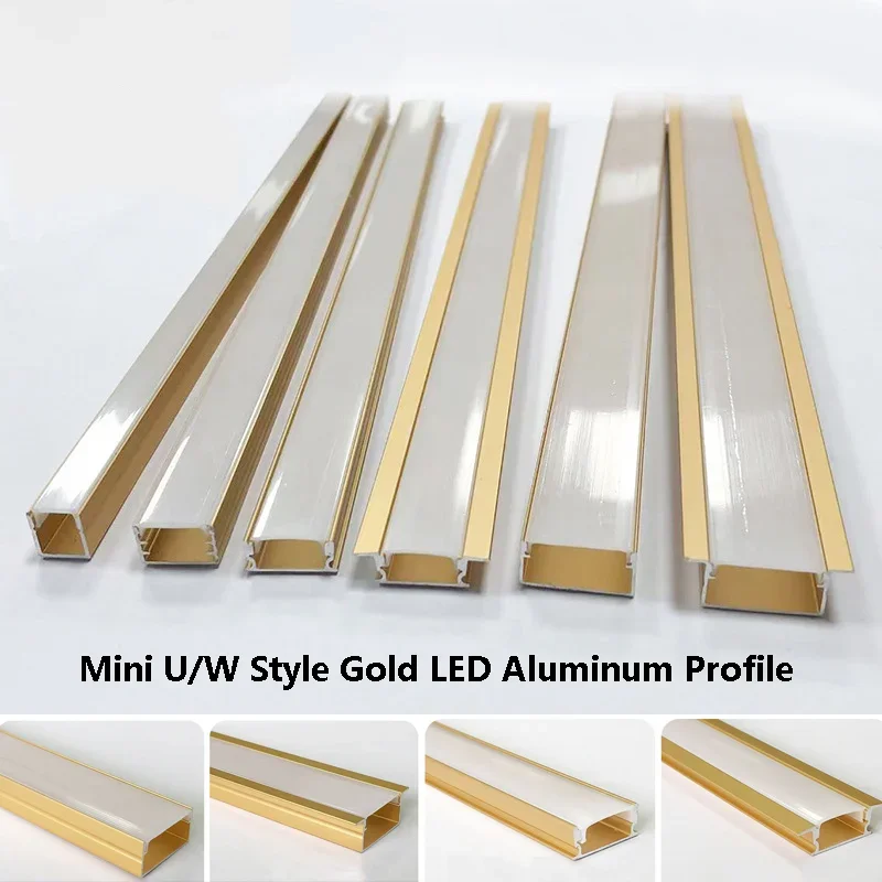 Gold/Roségold LED-Aluminiumprofil, milchige Abdeckung, Kanaldiffusor, Schrank, Regal, Schrank, Einbau, Mini-U/W-Stil, hartes Streifenlicht