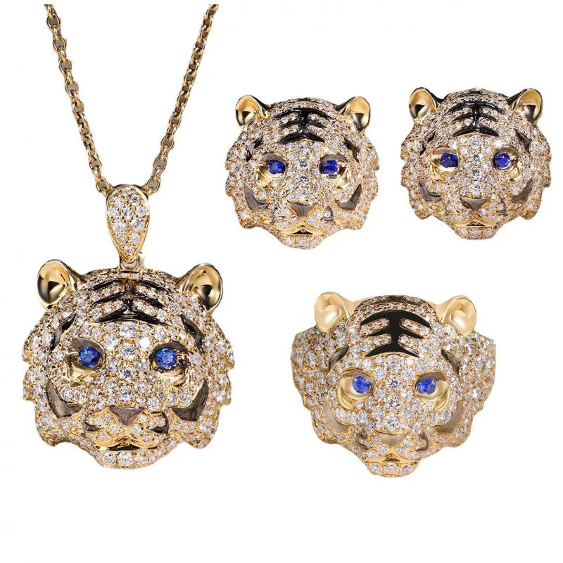 Neues Design - Dominantes Tiger-Muster Set - S925 AAAA Zirkon Ring - Party Hip-Hop Stil - Diamantbesetzte Ohrringe, Halskette