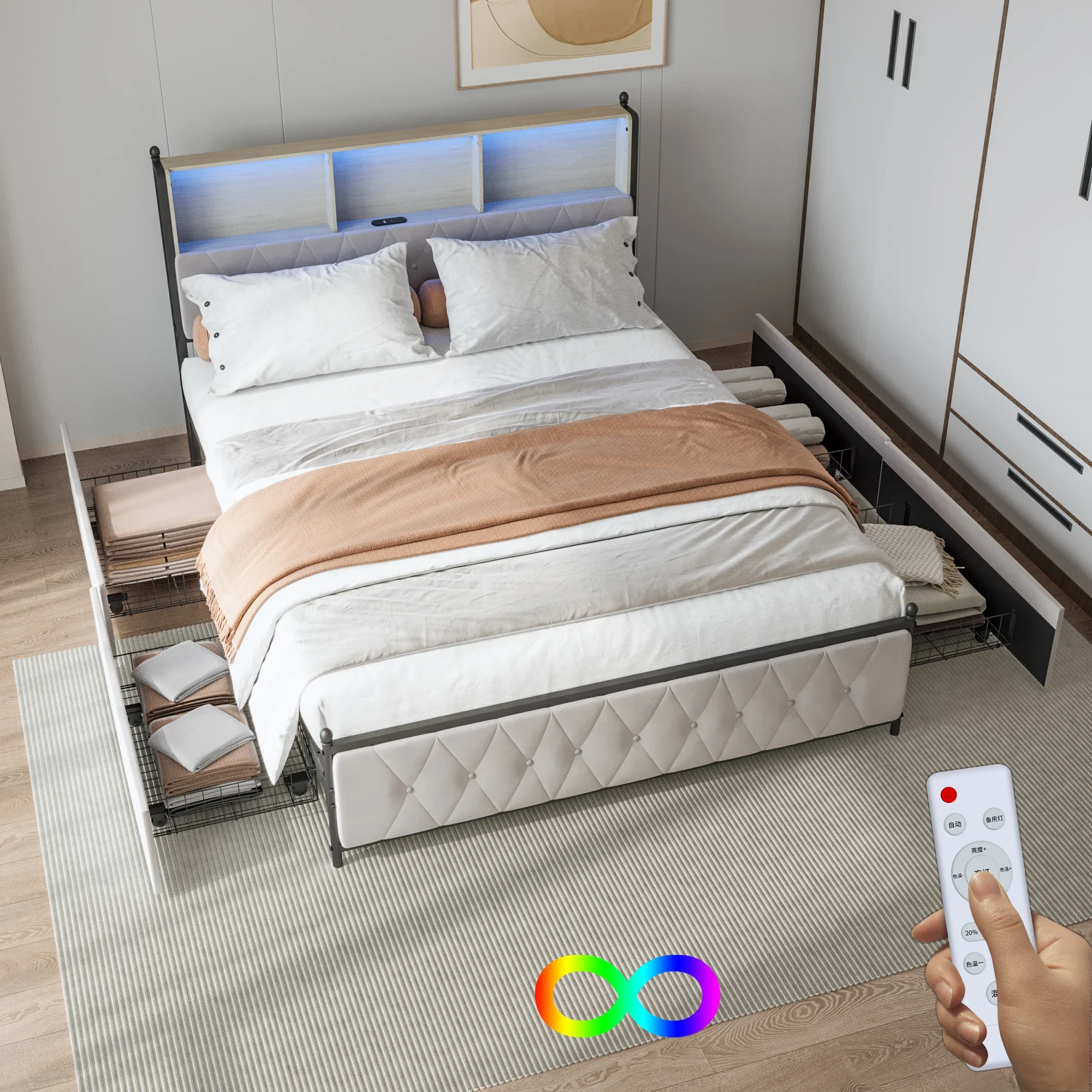 Comanlai 140×200/160×200/180×200 cm Gepolstertes Doppelbett, mit 4 Schubladen und USB-Ladeanschluss, mit Stauraum und LED-Beleuchtung Image