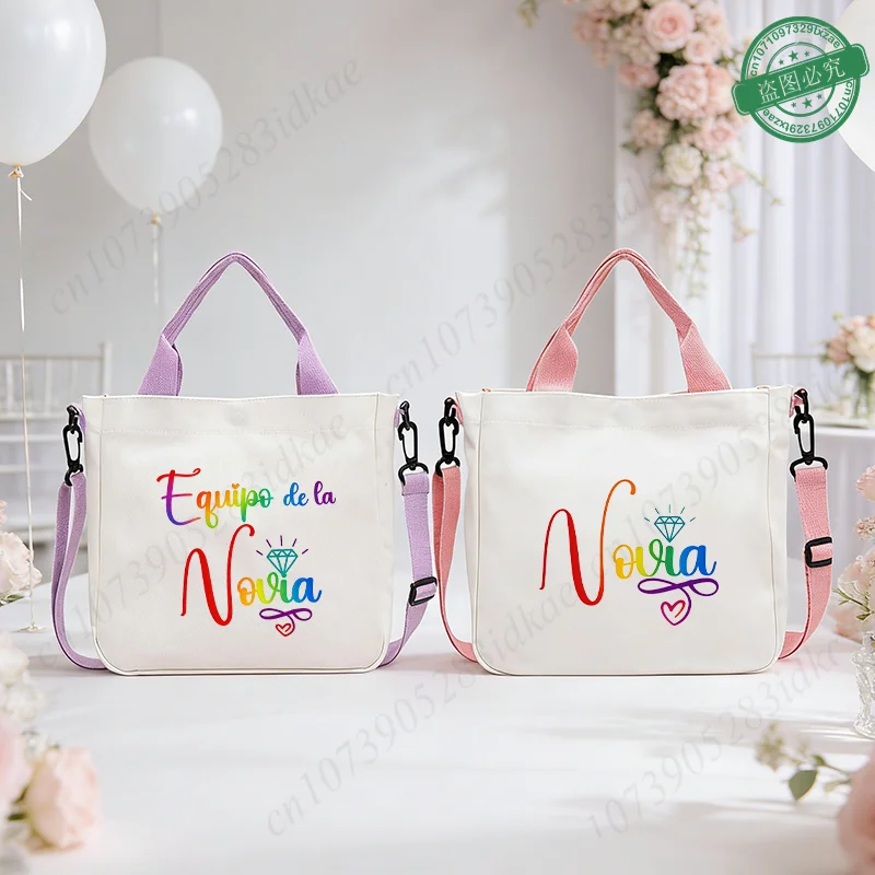 Spanische Junggesellinnenabschied-Tragetasche, Equipo De La Novia Canvas-Schultertaschen, Regenbogen-Hochzeitsparty-Tasche, Team Bride Squad Geschenktasche