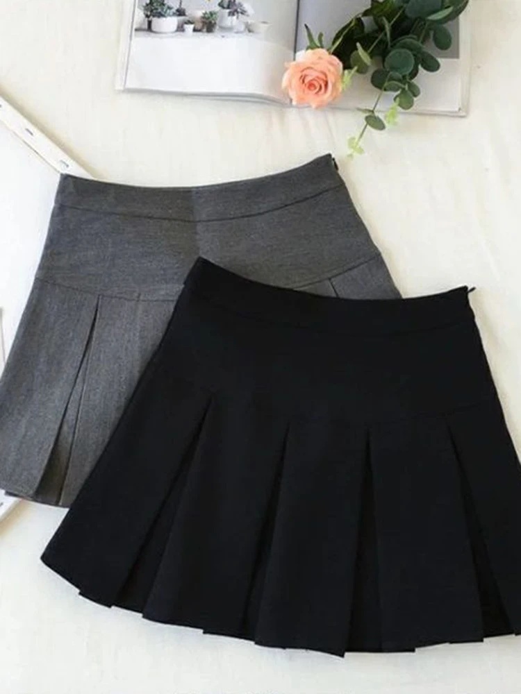 ZOKI Vintage Grau Plissee Rock Frauen Kawaii Hohe Taille Mini Röcke Koreanische Mode Schuluniform Harajuku Streetwear Frühjahr