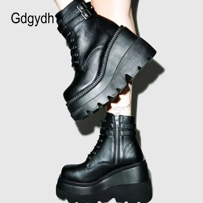 Gdgydh Herbst Winter Hohe Plattform Stiefel Frauen Leder PU Keile Stiefeletten Frauen Punky Stil Party Goth Schuhe Frau Große Größe 43