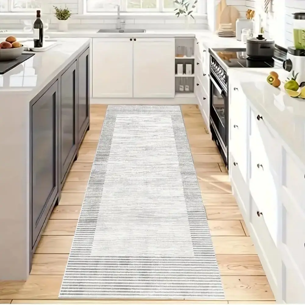 VIKAMA Moderner grauer minimalistischer abstrakter Teppich, Heimdekoration, rutschfest und schmutzabweisend, für Küche, Esszimmer und Flurteppich Image