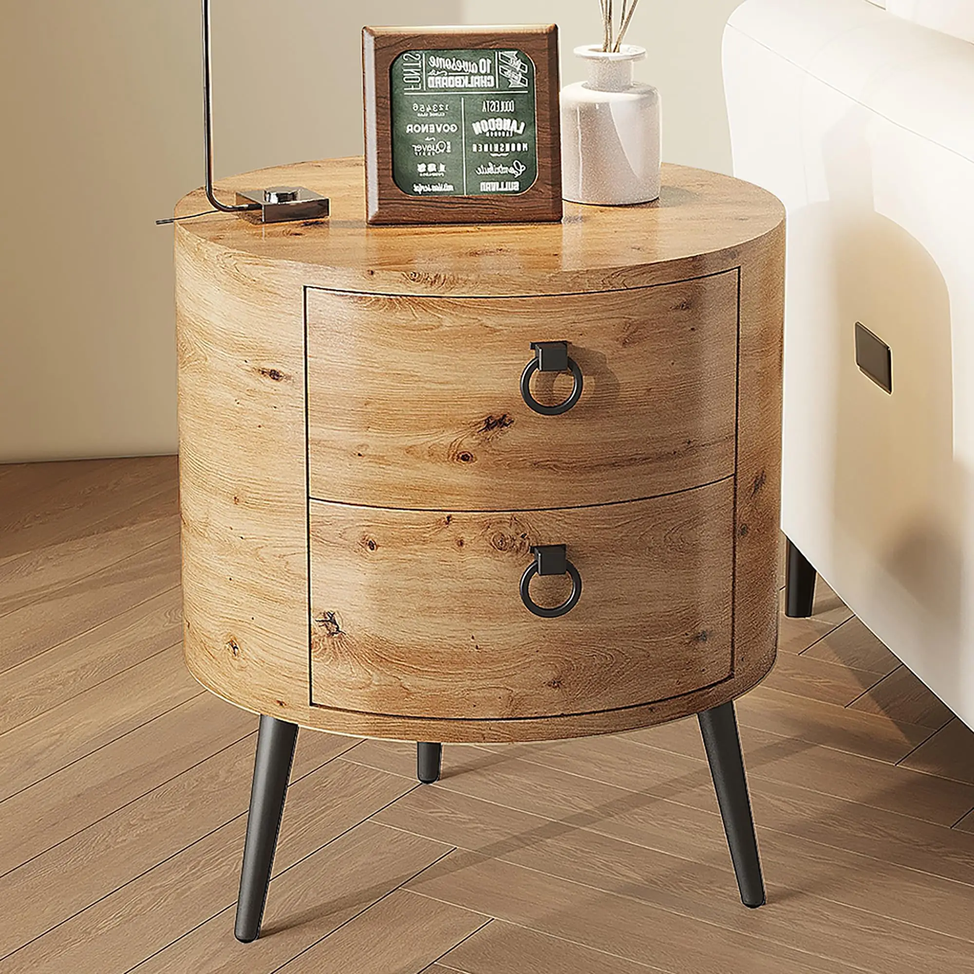 Holz-Beistelltisch mit 2 Schubladen, Moderner Farmhouse-Nachttisch Runder Beistelltisch mit Metallbeinen für Schlafzimmer, Wohnzimmer & Büro