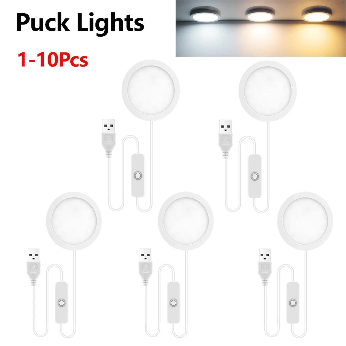 1–10-teiliges LED-Panel-Licht-Set, ultradünnes Design, 5 W, Aluminium-Mini-Puck-Lichter mit USB-Steckerschalter, für Schrank-, Wand- und Deckendekoration