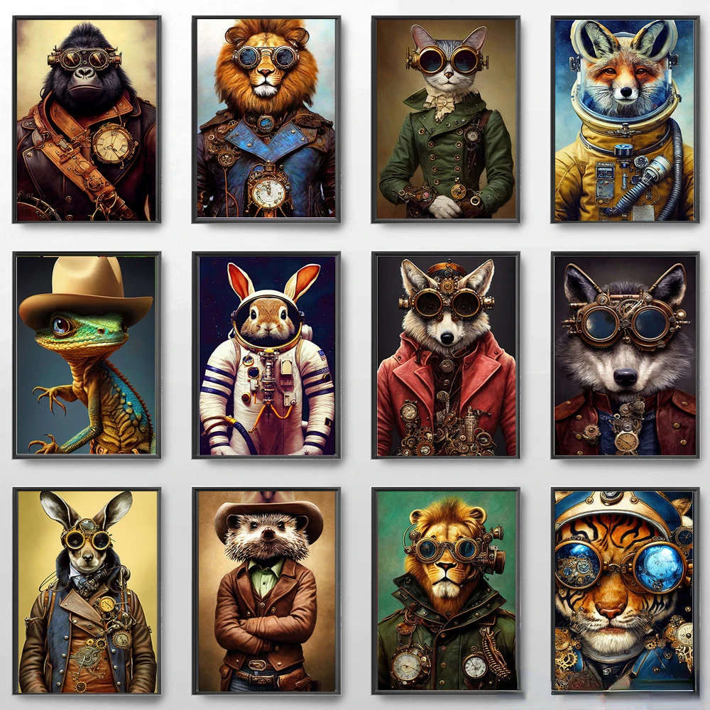 Steampunk Katze Wolf Astronaut Kaninchen Poster Kunst Leinwand Malerei Retro Lustige Tier Tiger Gorilla Poster Wohnzimmer Wohnkultur Image