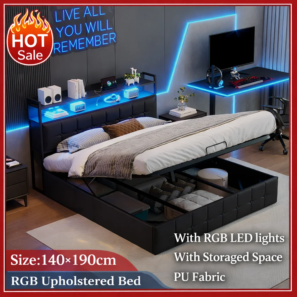 Gepolstertes Bett 140x cm, Doppelbett mit Stauraum und Lattenrost, 2-Personen-Bett mit LED, Schwarz Image