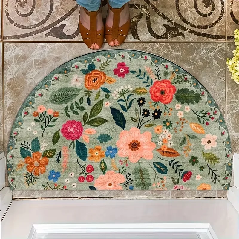 Böhmischer Stil Blumen-Halbkreisteppich Vintage Ethnischer Stil Blumenteppich für Wohnzimmer Schlafzimmer Küche Eingangsbereich Image