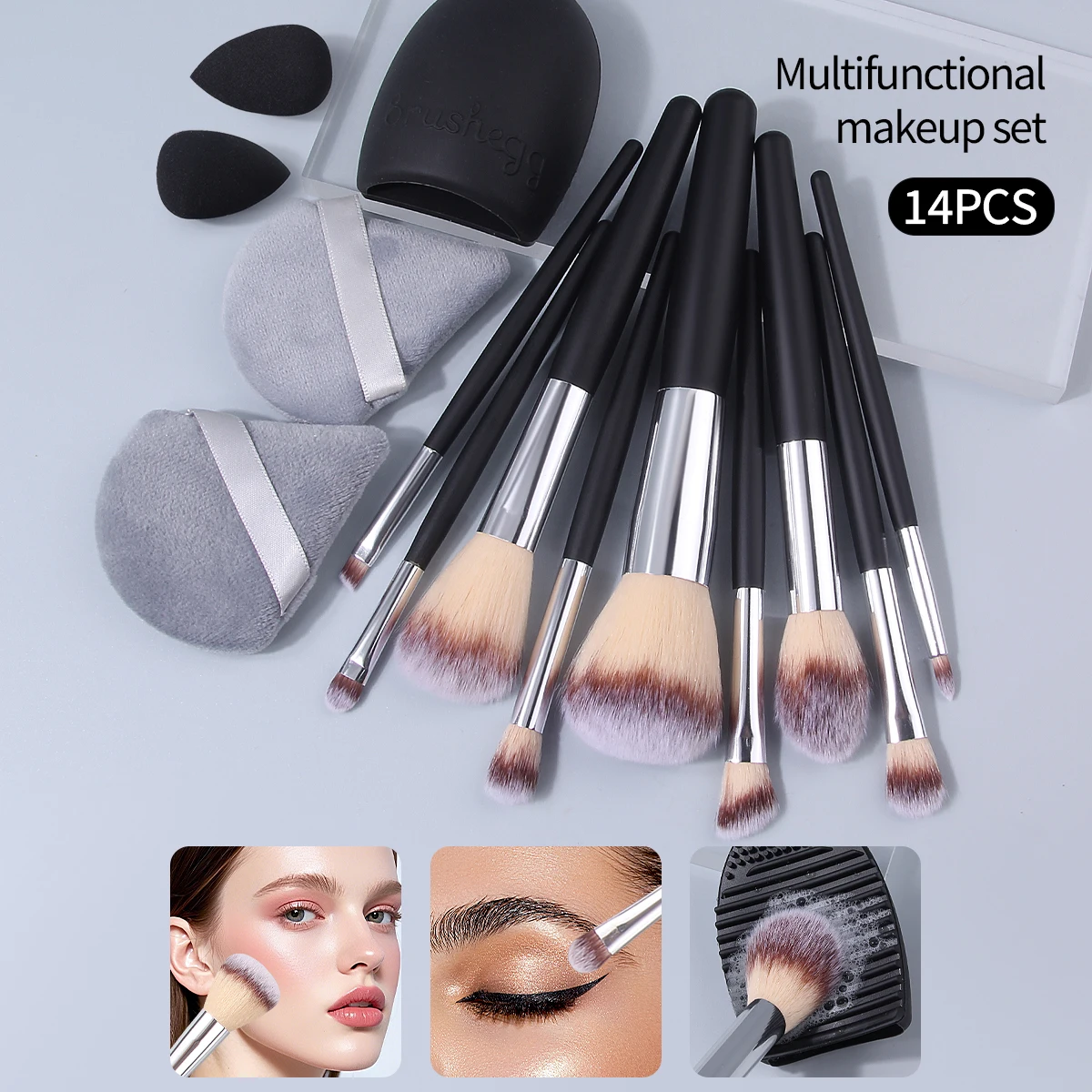 14-teiliges Professionelles Make-up-Pinsel-Set mit Make-up-Schwamm Silikon-Reiniger Komplettes Tragbares Reise-Schönheits-Kosmetik-Set Image