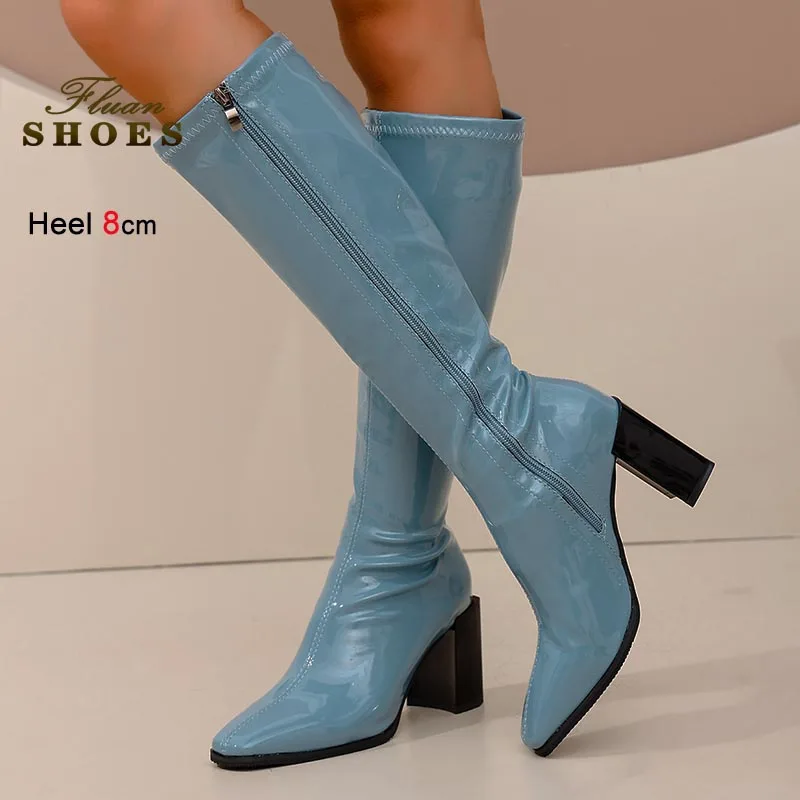 2025 herbst Winter Frau Schuhe Stretch Patent Leder Knielangen Stiefel Mode Mit Hohen Absätzen Damen Hohe Stiefel Beiläufige Lange Stiefel