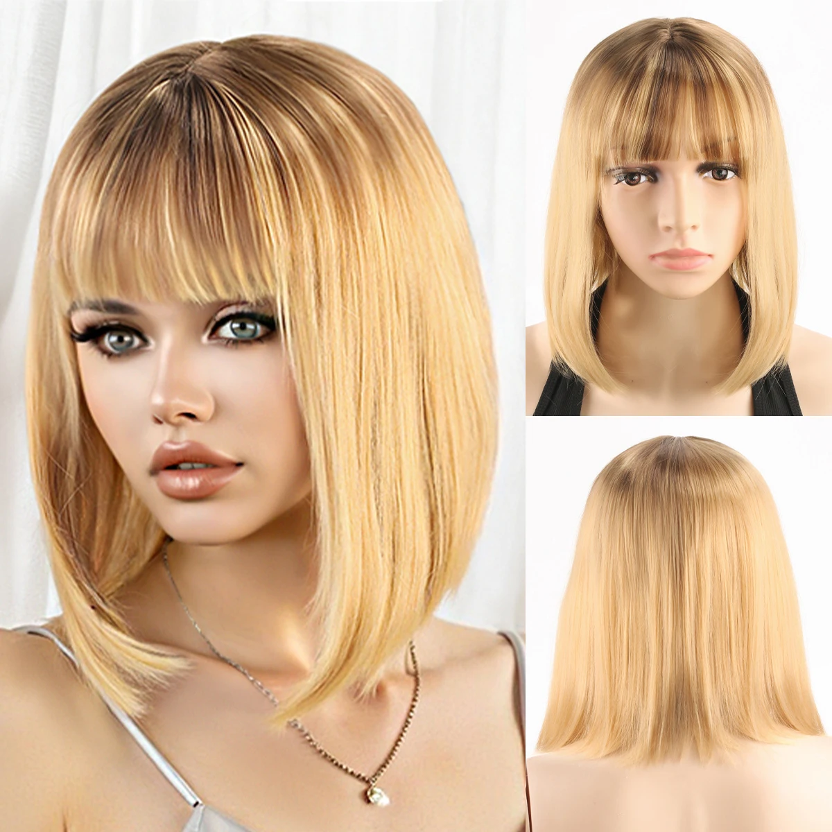 30 cm lange, schwarz-gelbe Ombre-Bob-Perücke mit Luftpony, schulterlange, kurze synthetische Perücke