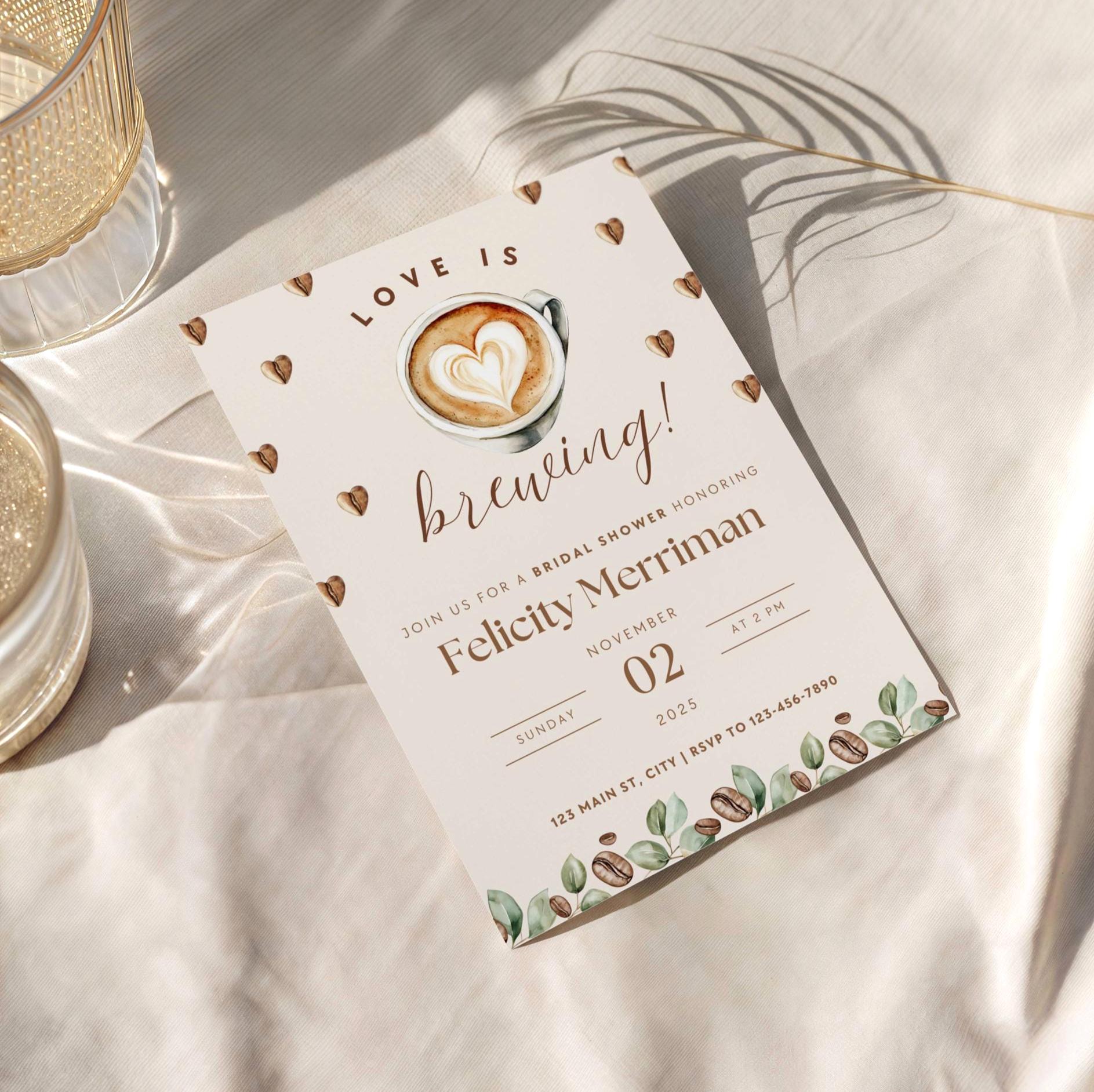 "Invito \"Love Is Brewing\", invito per addio al nubilato \"Love Is Brewing\", invito per addio al nubilato con caffè modificabile, invito unico per addio"