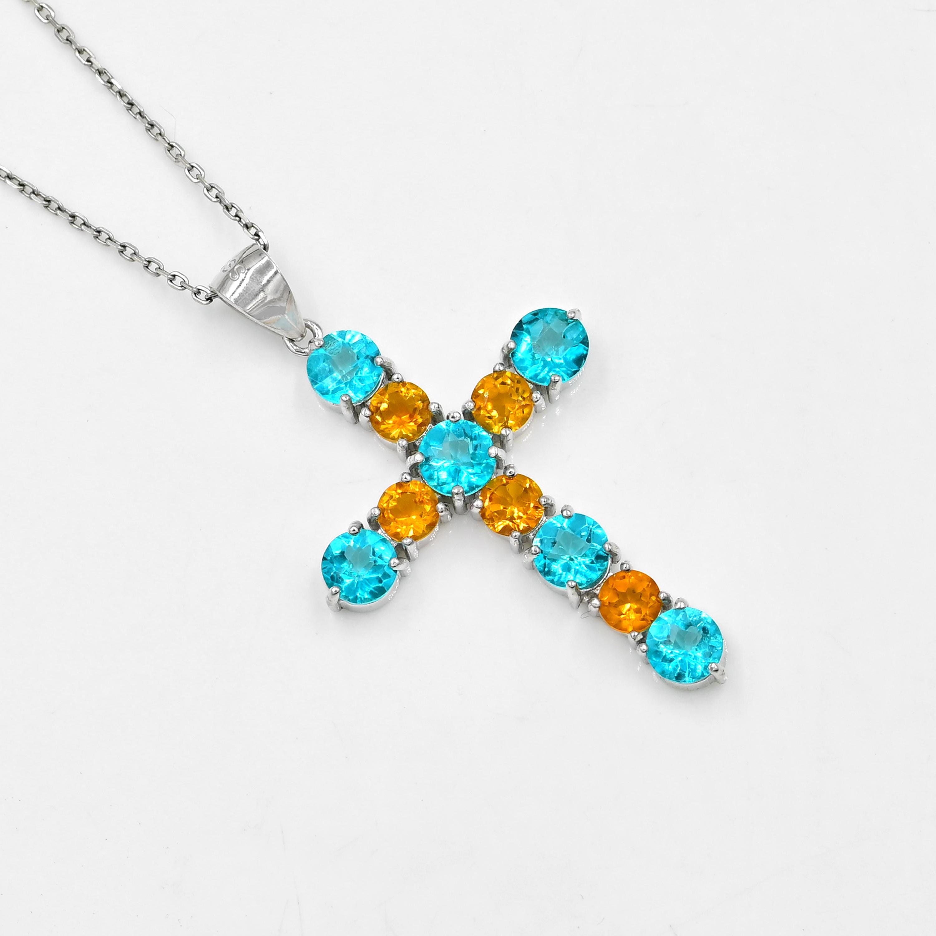 4 MM Rund Natürliche Paraiba Topas & Citrin Anhänger Halskette, 925 Sterling Silber, Heiliges Kreuz Anhänger, Dezember Geburtsstein, Geschenk für Sie