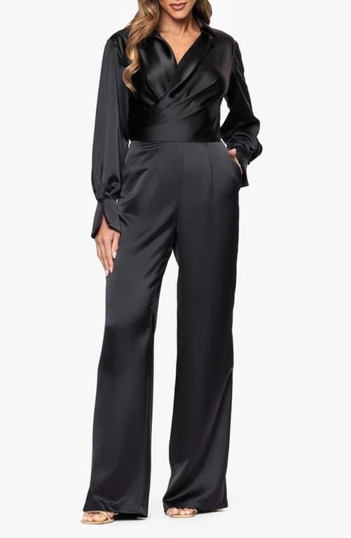 Long Sleeve Wide Leg Satin Jumpsuit - Black - Xscape Evenings Jumpsuits