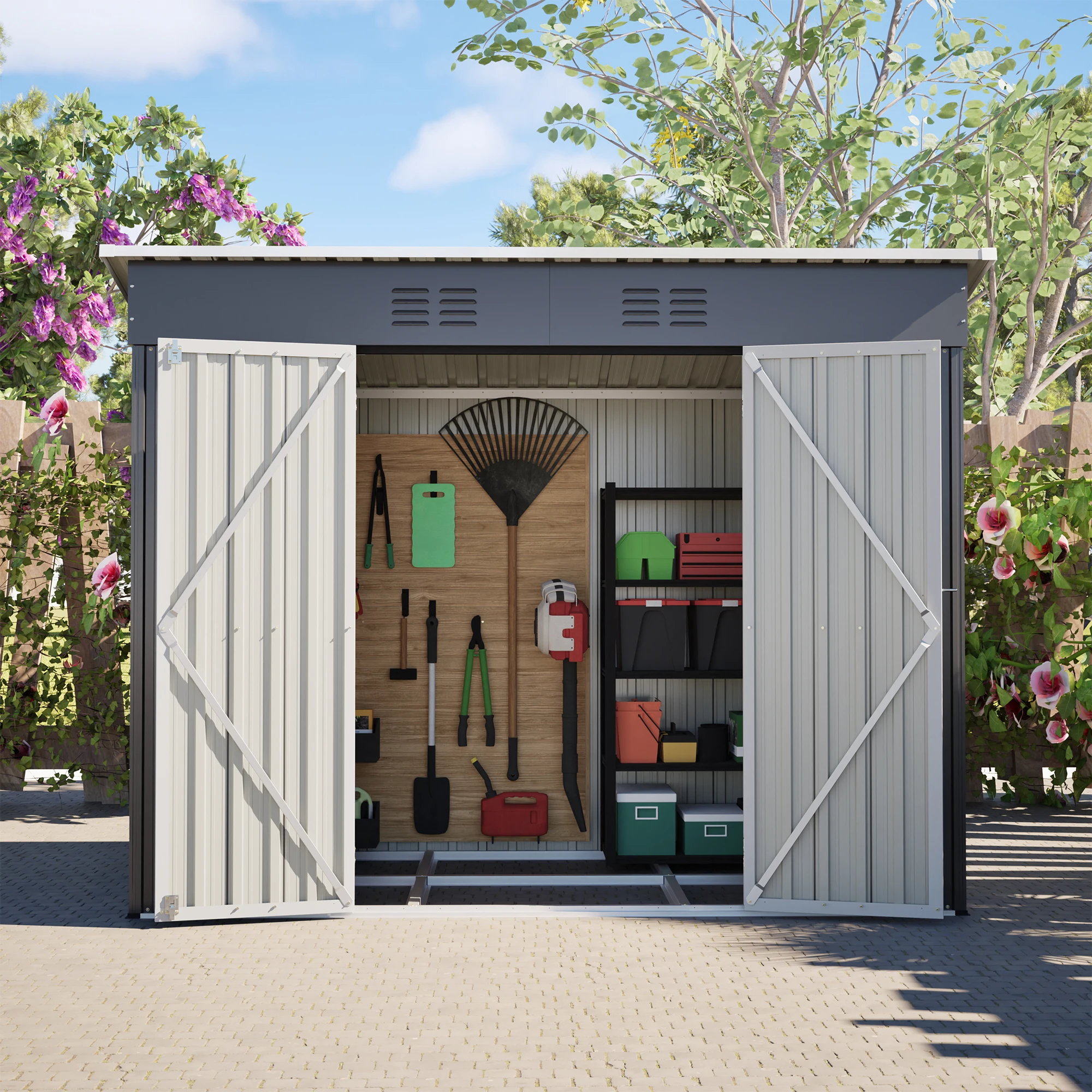 Abri de jardin métallique 8x4 pieds avec fondation métallique robuste, abri de jardin résistant aux intempéries pour jardin et terrasse, spacieux