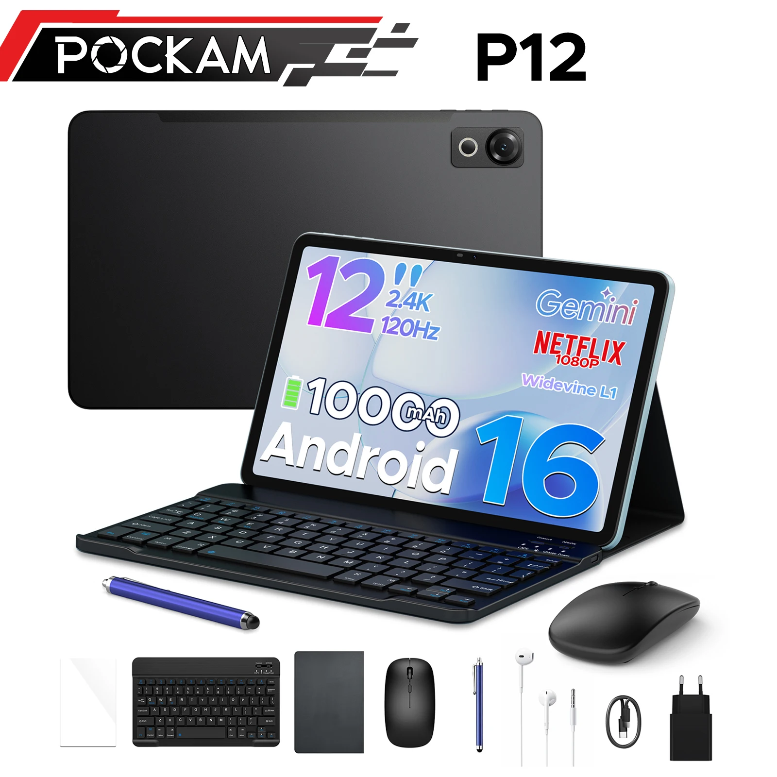 POCKAM P12 Tablet PC Android 16 2 in 1 con Display Gemini AI da 12 Pollici 120Hz, Batteria da 10000mAh, 48GB RAM (8+40), 128GB ROM, Supporto Widevine L1