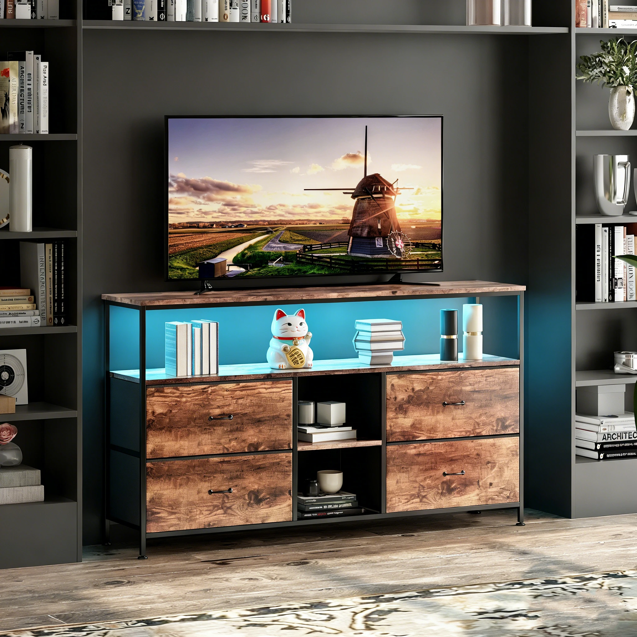 Meuble TV LED Superaly 137x30x78cm, meuble TV avec 4 tiroirs, compartiments ouverts, meuble TV, buffet TV bas pour salon