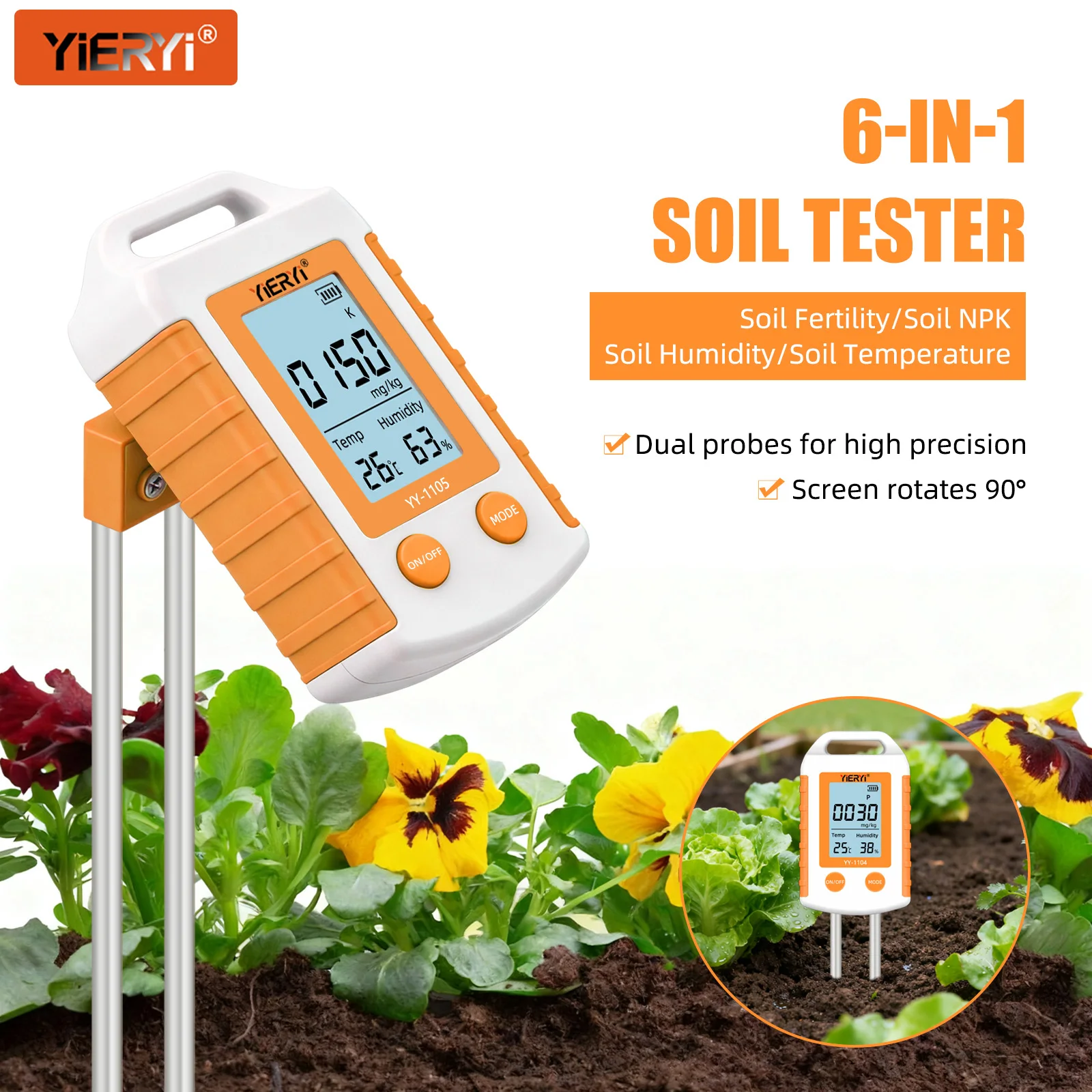 YIERYI Tester del Suolo 6 in 1, Misuratore di Nutrienti NPK, Monitor Digitale per Fertilità, Umidità, Temperatura e PH del Terreno per Giardino, Fattoria e Serra