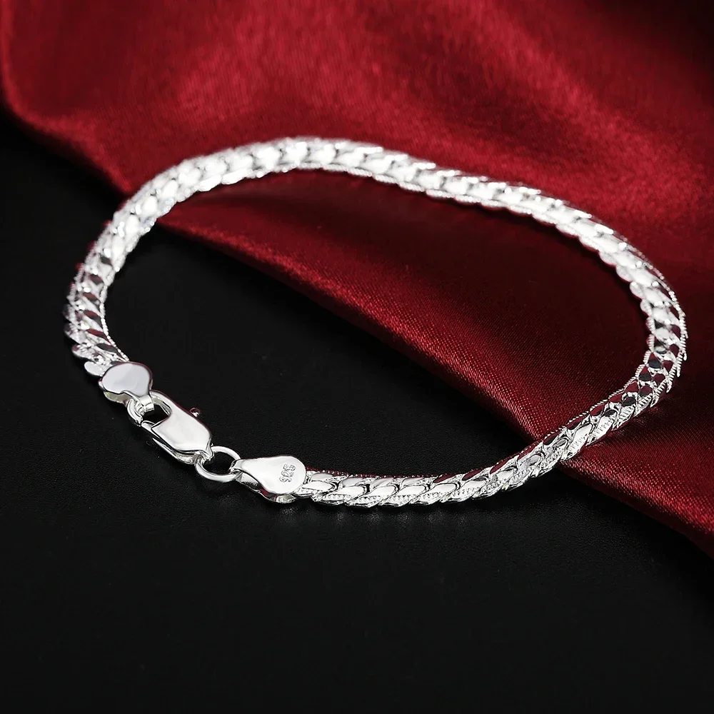Bracelet en argent sterling 925, 6mm, 18-20cm, chaîne latérale plate, fermoir mousqueton, pour femme et homme, bijoux de fiançailles et de mariage