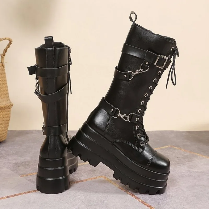 Plus Größe 43 Herbst Frauen Stiefel Schnalle Runde Kappe Keile Plattform Stiefel Punk Goth INS Frauen Straße Schuhe Kampf Stiefel für Frauen