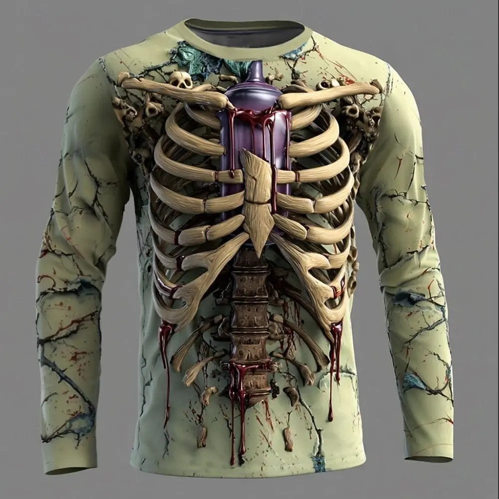 3D Gothic Skeleton Print T-shirt Männlich Outdoor Gothic Trendy Streetwear Langarm T-shirt Horror Halloween Party T-stück Casual Top