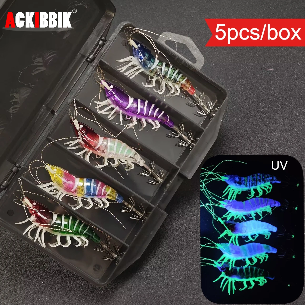 5-teiliges Horizontales Tintenfisch-Jig-Set mit Tackle-Box, 8cm UV-Simulations-Garnelenköder, leuchtender Meeresköder für Oktopus und Tintenfisch Image