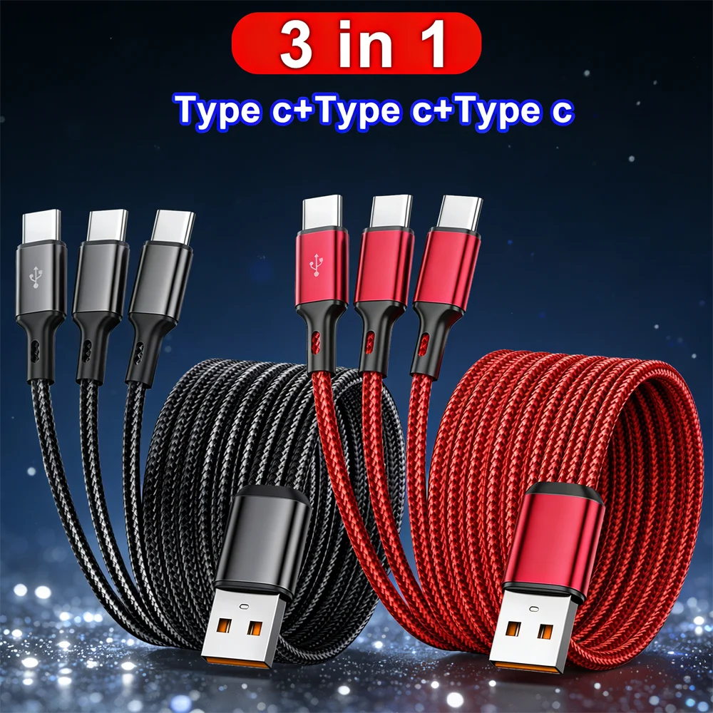 3-in-1 Multi-Port USB-A zu 3×Type-C Schnellladekabel 100W 6A Schnellladekabel für Samsung S24 Xiaomi 15 Redmi Huawei Image