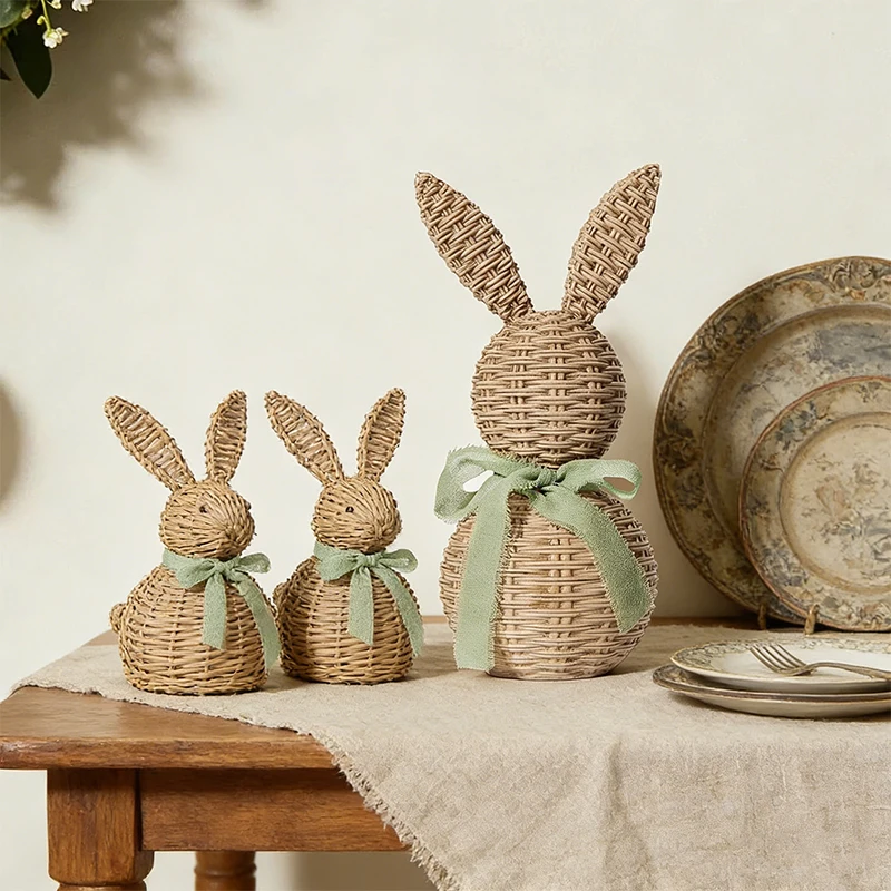 Neue Kreative Oster-Deko: Imitierte Rattan-Hasen für Festliche Atmosphäre, Tischdekoration, Ostergeschenke und Frühlings-Heimdekoration Image