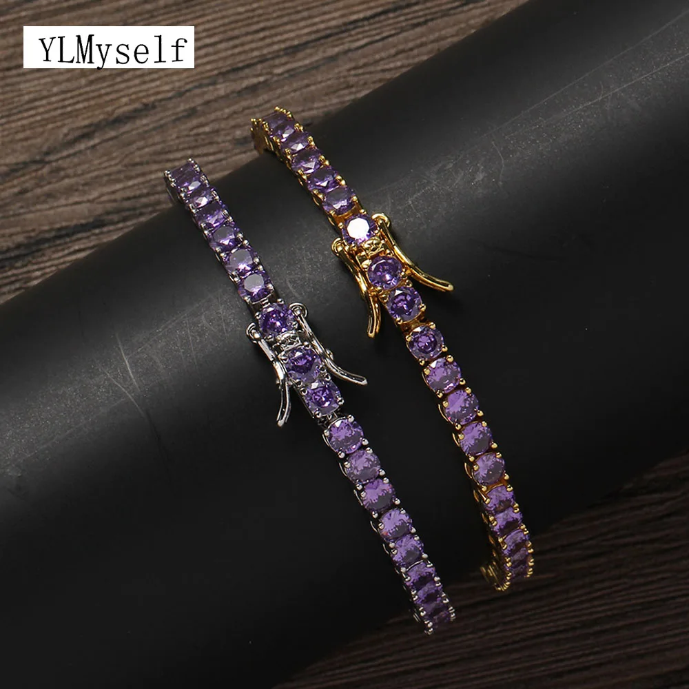 4 mm lila Zirkon-Tennisarmband – Hip-Hop-Handgelenkkette aus Messing für Männer und Frauen (7 oder 8 Zoll) Image
