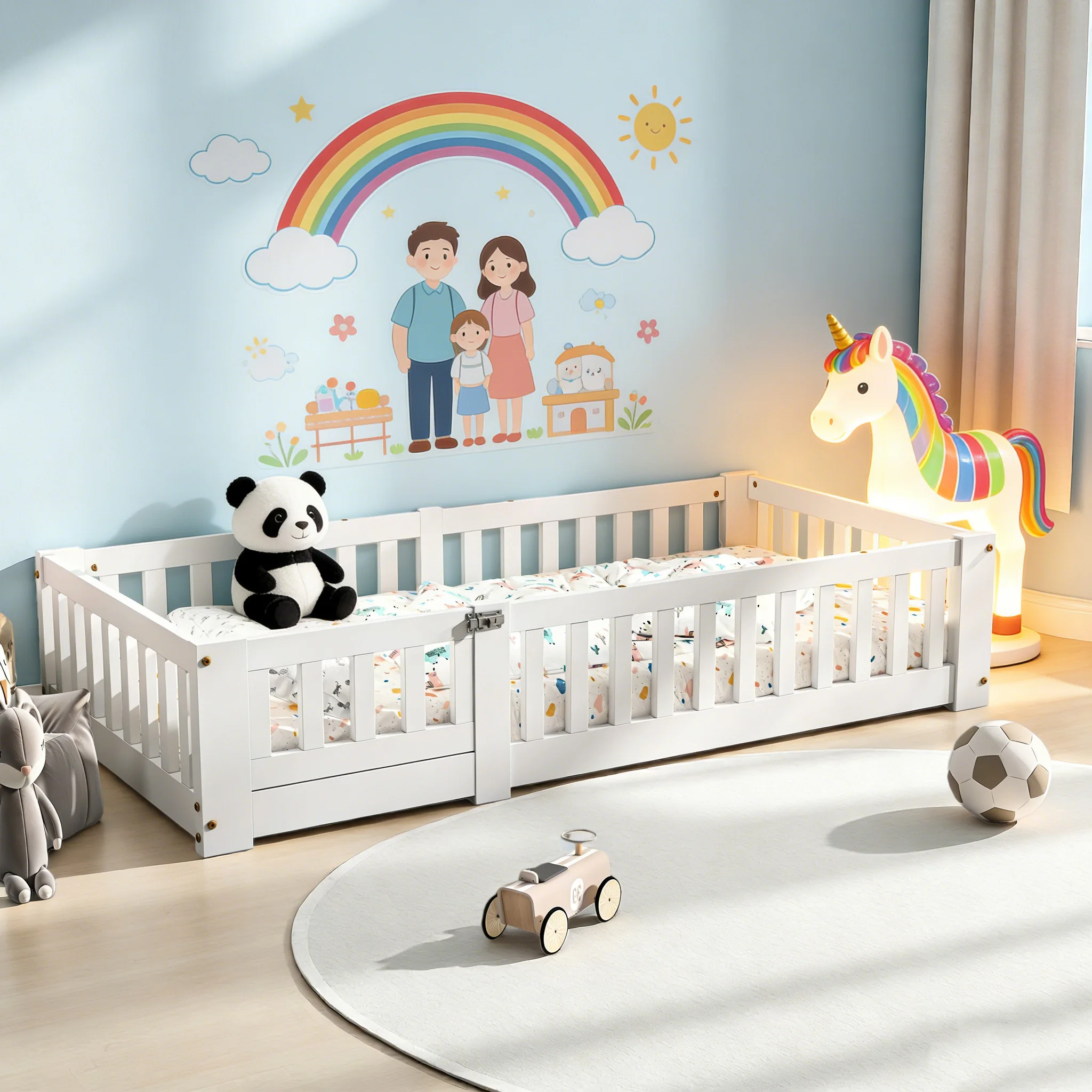 Anajqaqia Kinderbett 80×160/90×190/120×200cm, Bodenbett mit Absturzsicherung, Massivholzbett, Jugendbett Einzelbett, Weiß Image