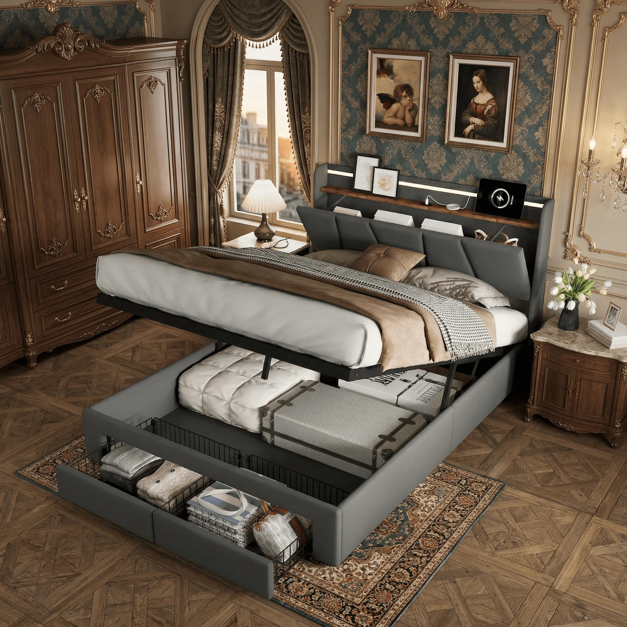 WoodenAura 140x200 cm großes Doppelbett mit LED- und USB-Beleuchtung am Kopfteil, Polsterbett mit 2 Schubladen, Leinenstoff, dunkelgrau Image